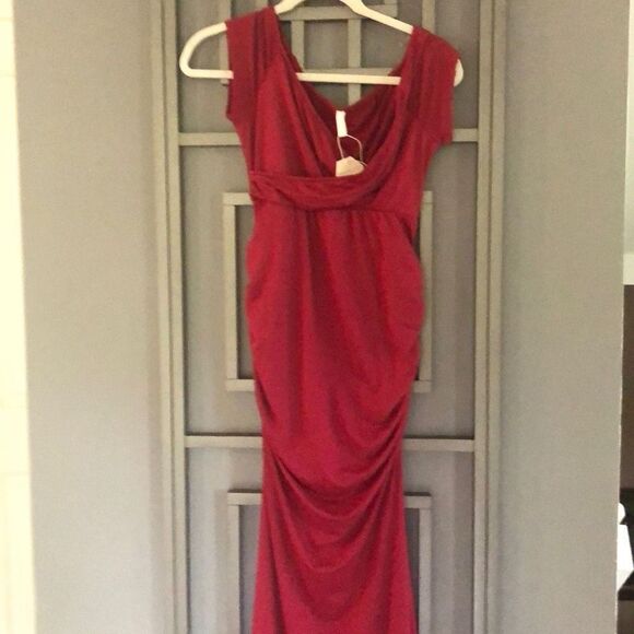 NWT PINKBLUSH Red maternity dress ruched side, long poly spandex size S - Picture 1 of 6